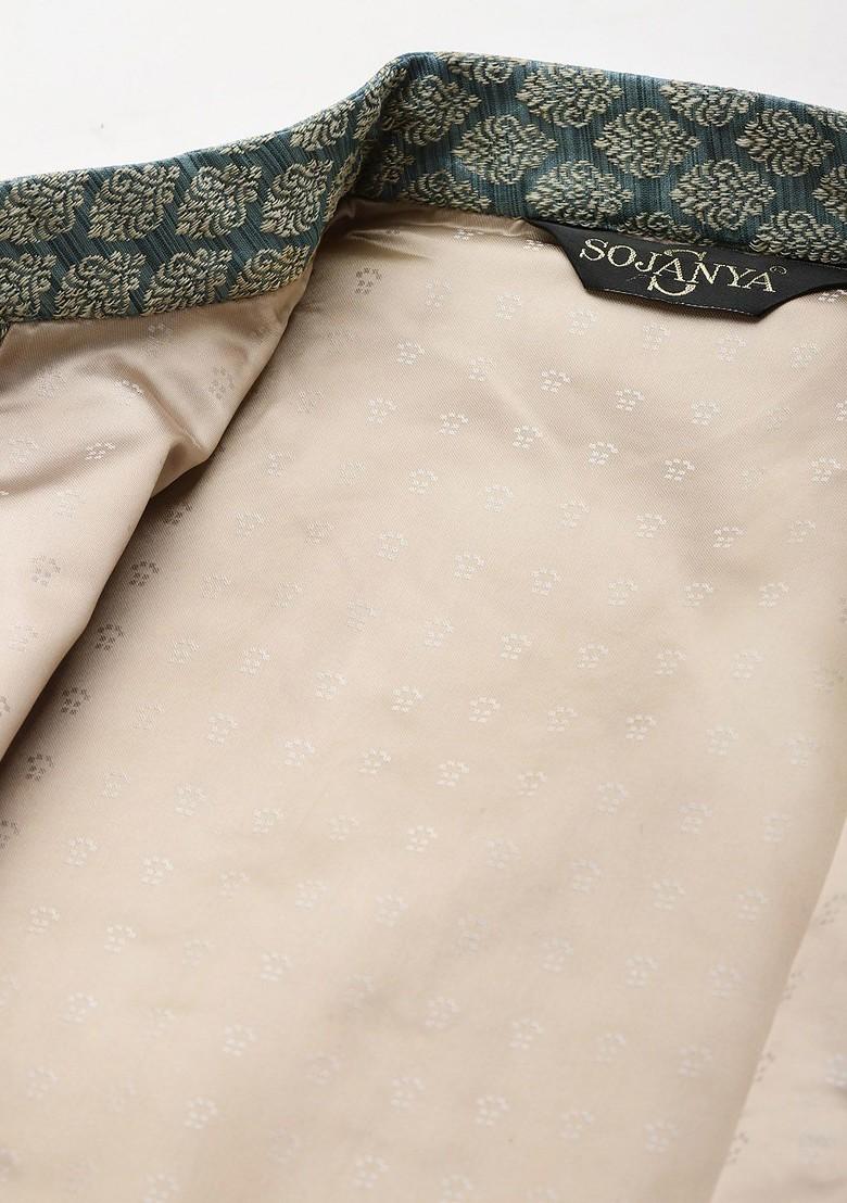 Off White Woven Jacquard Kurta Set For Men