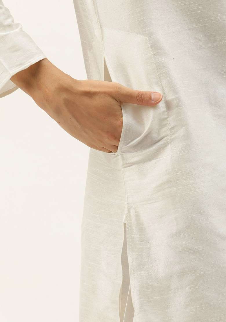 Off White Woven Jacquard Kurta Set For Men - Indya