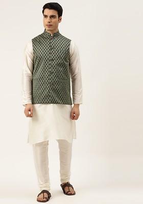 Off White Solid Poly Blend Kurta Set For Men
