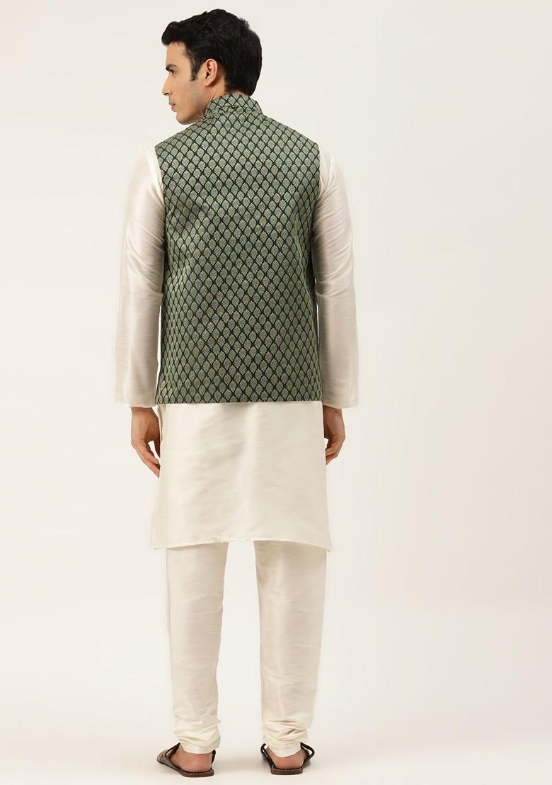 Off White Solid Poly Blend Kurta Set For Men