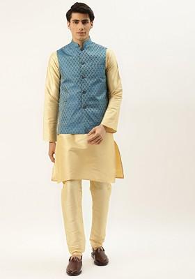 Beige Solid Poly Blend Kurta Set For Men