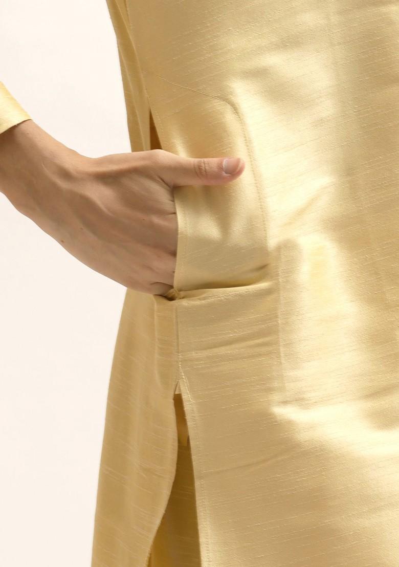 Beige Solid Poly Blend Kurta Set For Men
