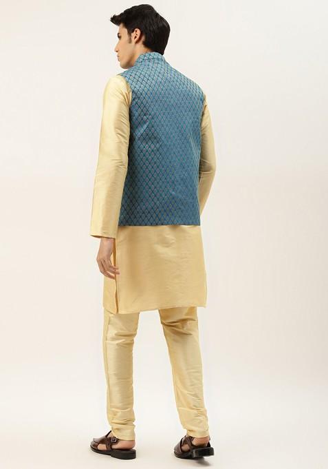 Beige Solid Poly Blend Kurta Set For Men