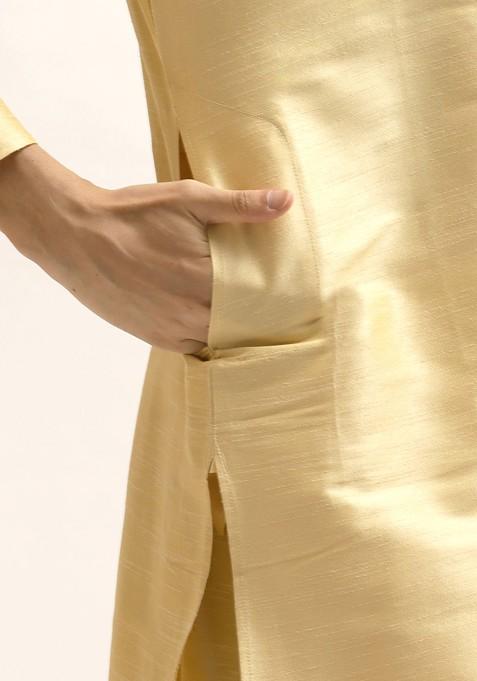 Beige Solid Poly Blend Kurta Set For Men