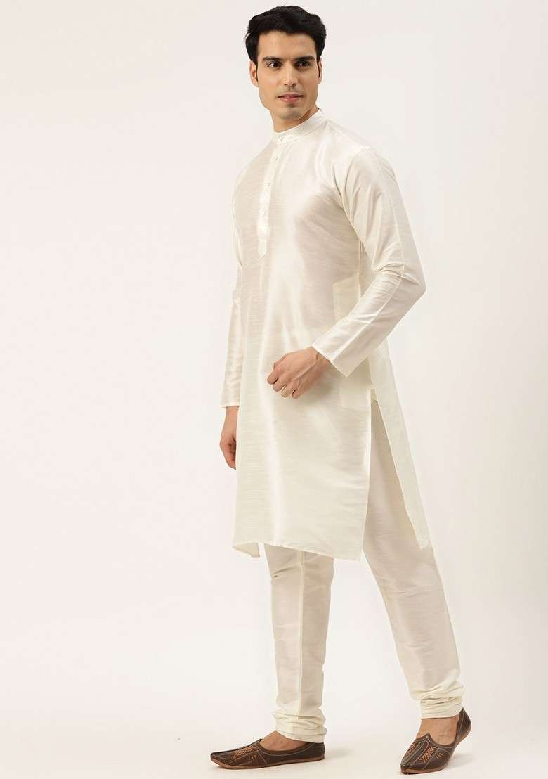 Off White Solid Poly Blend Kurta Set For Men - Indya