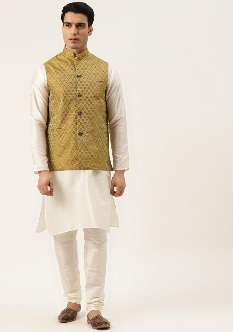 Off White Solid Poly Blend Kurta Set For Men