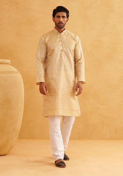 Mustard Woven Poly Blend Kurta Set For Men — view on Indya
