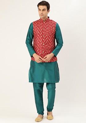 Teal Blue Solid Poly Blend Kurta Set For Men