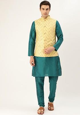 Teal Blue Solid Poly Blend Kurta Set For Men