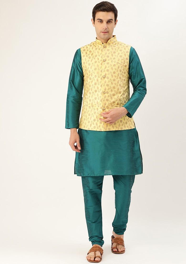 Teal Blue Solid Poly Blend Kurta Set For Men