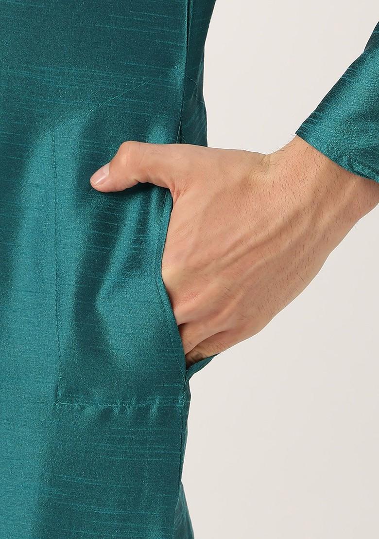 Teal Blue Solid Poly Blend Kurta Set For Men