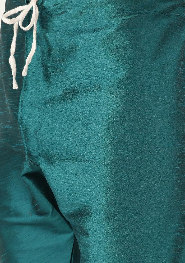 Teal Blue Solid Poly Blend Kurta Set For Men
