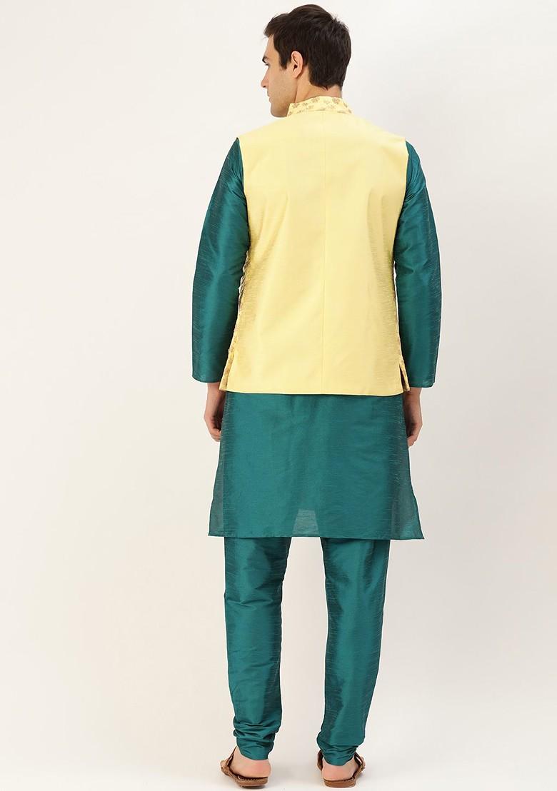 Teal Blue Solid Poly Blend Kurta Set For Men