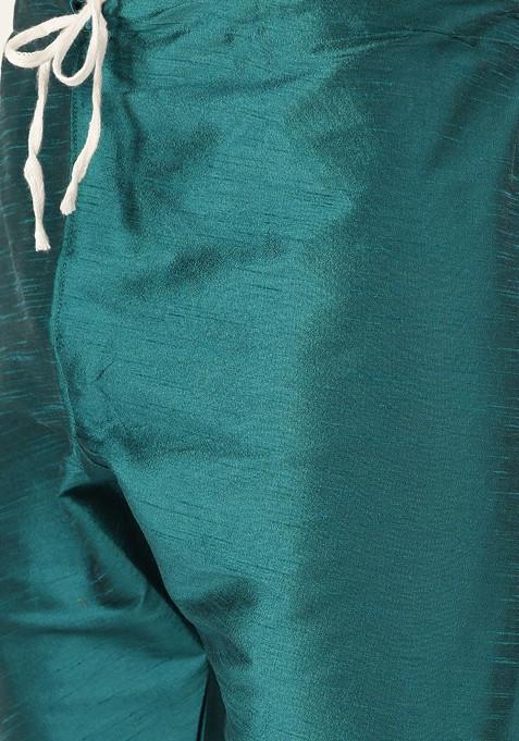 Teal Blue Solid Poly Blend Kurta Set For Men