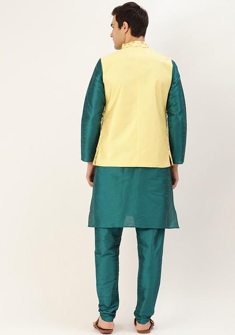 Teal Blue Solid Poly Blend Kurta Set For Men
