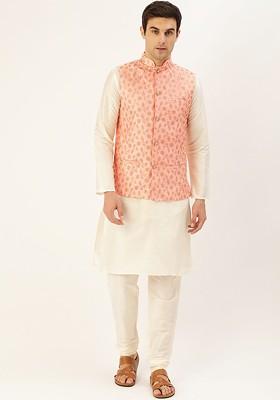 Off White Solid Poly Blend Kurta Set For Men