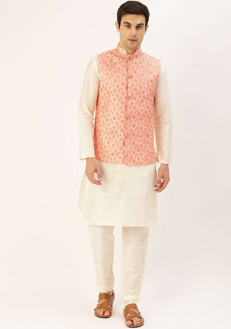 Off White Solid Poly Blend Kurta Set For Men - Indya