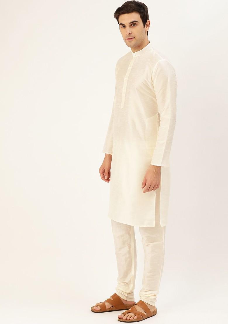 Off White Solid Poly Blend Kurta Set For Men