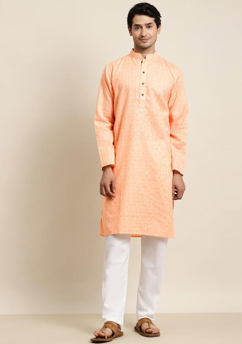 Peach Solid Poly Blend Kurta Set For Men