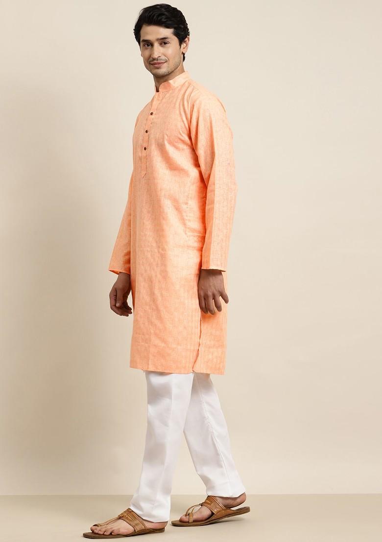 Peach Solid Poly Blend Kurta Set For Men
