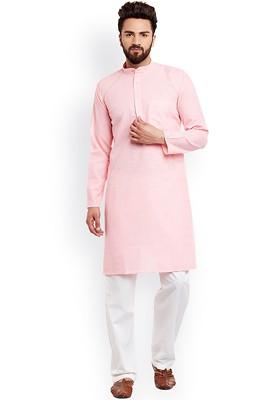 Pink Solid Poly Blend Kurta Set For Men