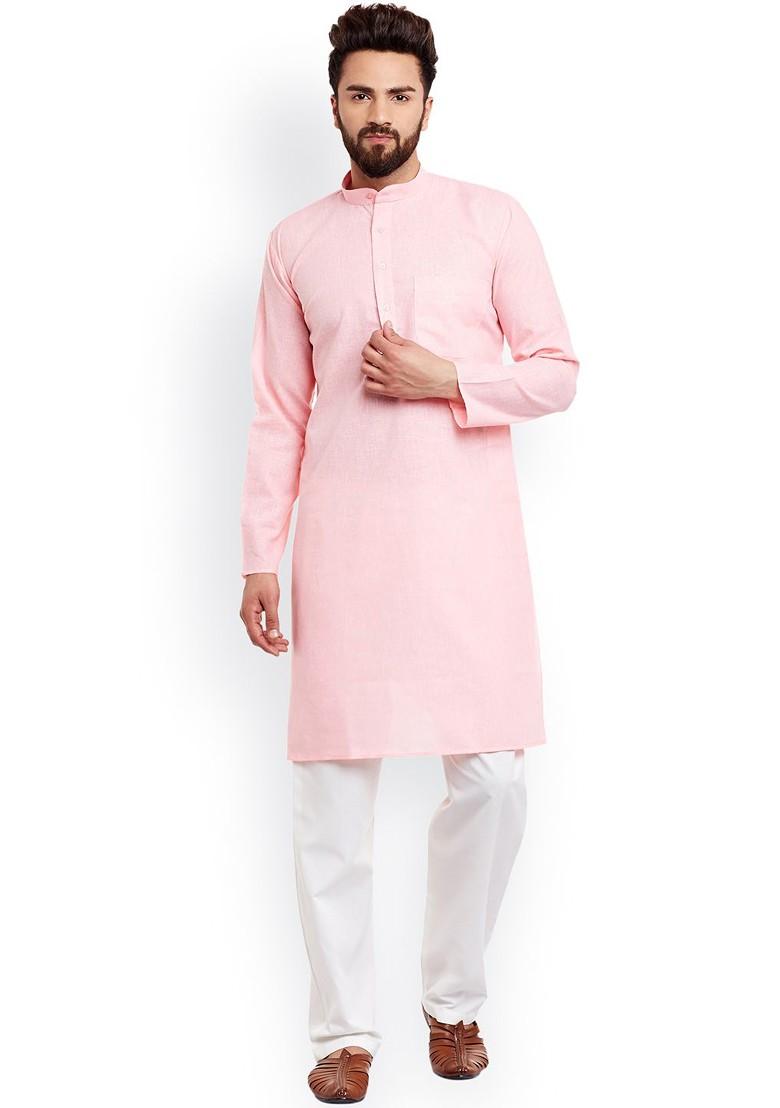 Pink Solid Poly Blend Kurta Set For Men
