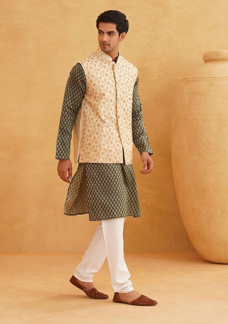 Green Ethnic Motifs Poly Blend Kurta Set For Men