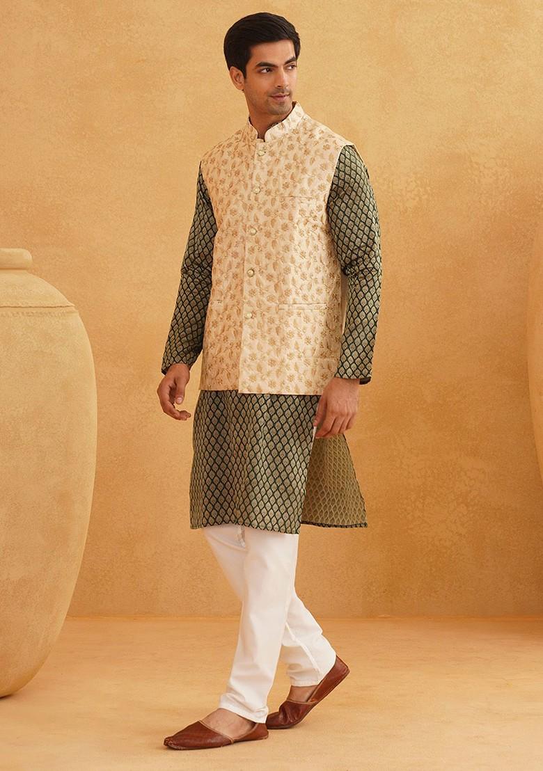 Green Ethnic Motifs Poly Blend Kurta Set For Men