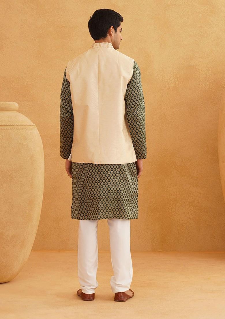 Green Ethnic Motifs Poly Blend Kurta Set For Men