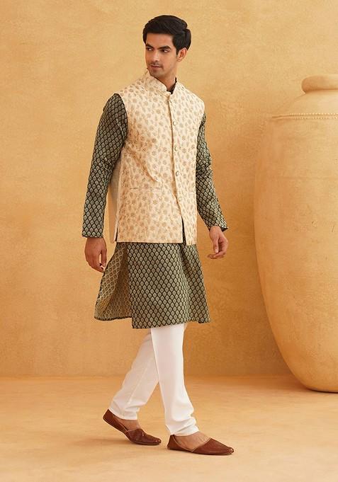 Green Ethnic Motifs Poly Blend Kurta Set For Men