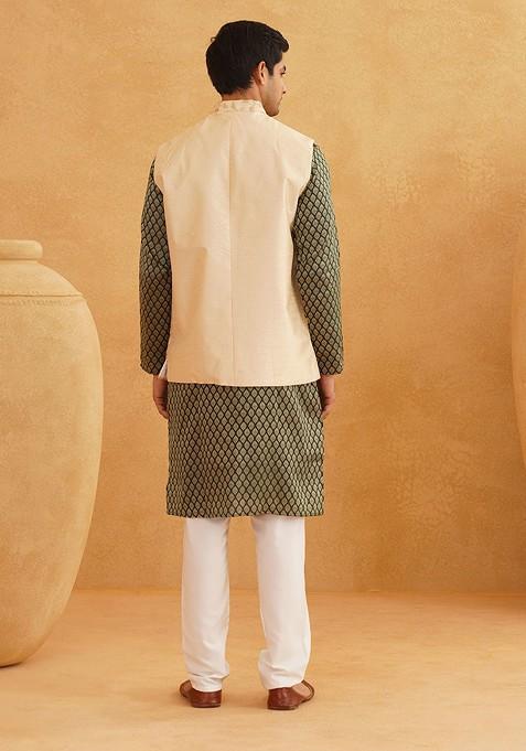 Green Ethnic Motifs Poly Blend Kurta Set For Men