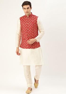Off White Solid Poly Blend Kurta Set For Men