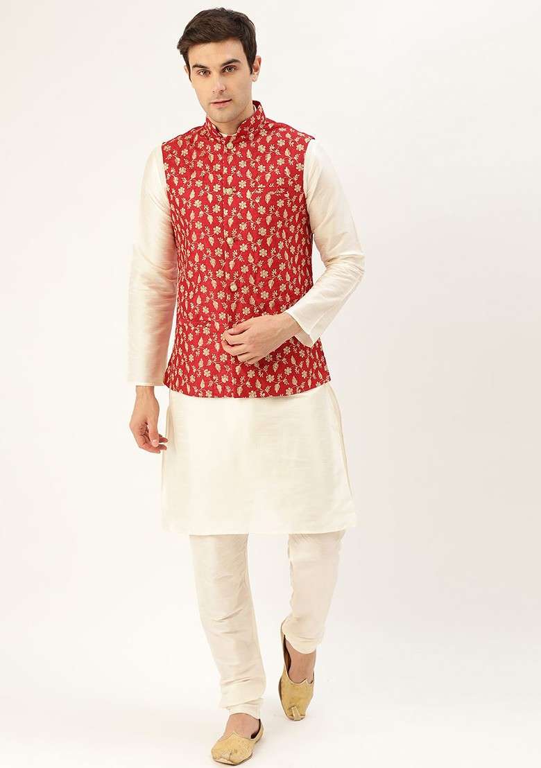 Off White Solid Poly Blend Kurta Set For Men - Indya