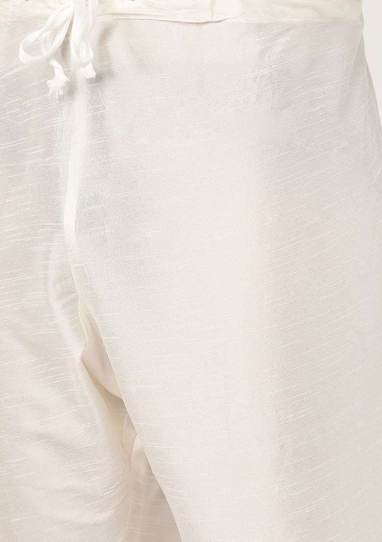 Off White Solid Poly Blend Kurta Set For Men - Indya