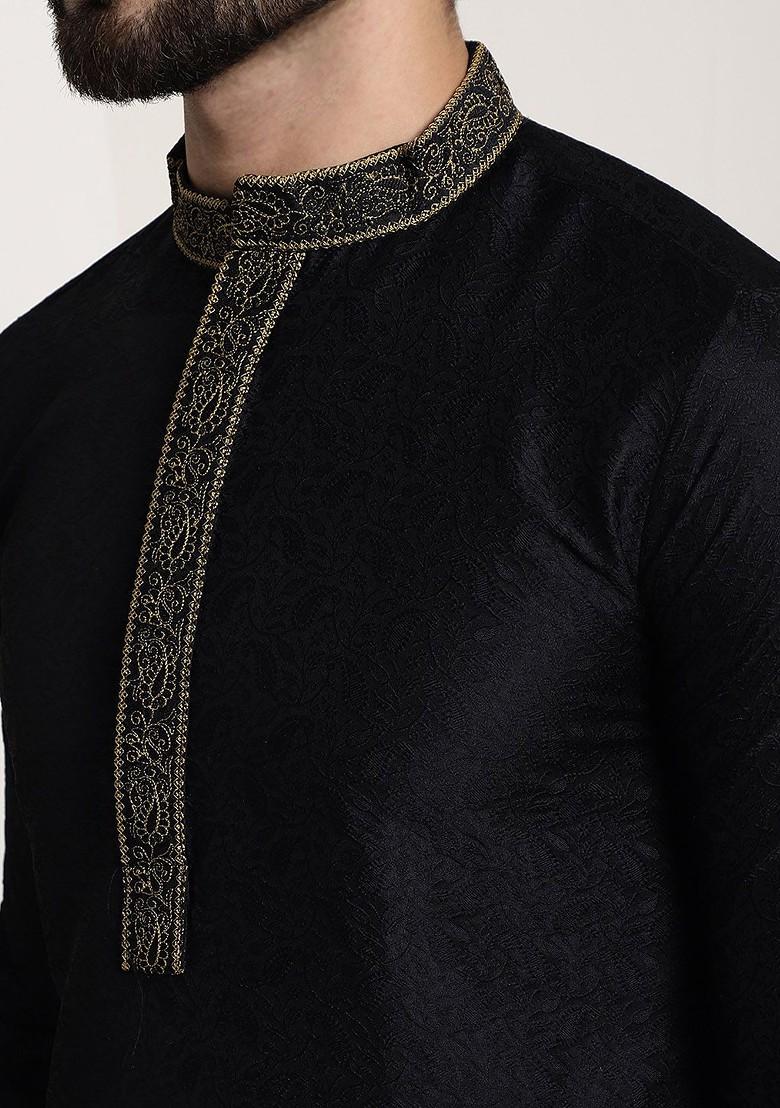 Black Solid Poly Blend Kurta Set For Men