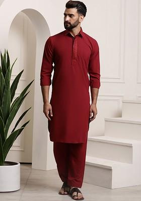 Maroon Solid Cotton Kurta Set For Men
