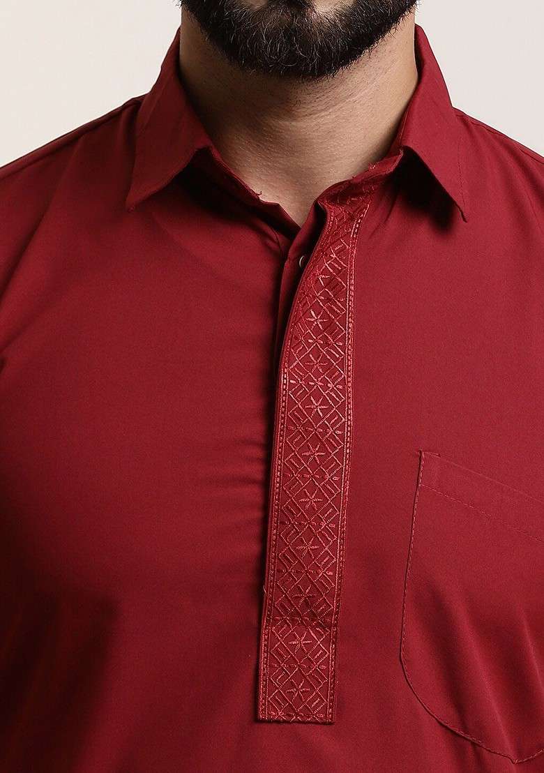 Maroon Solid Cotton Kurta Set For Men - Indya