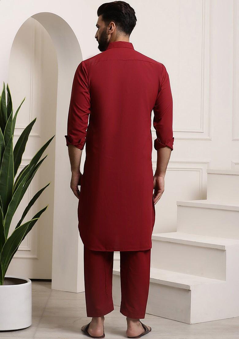 Maroon Solid Cotton Kurta Set For Men