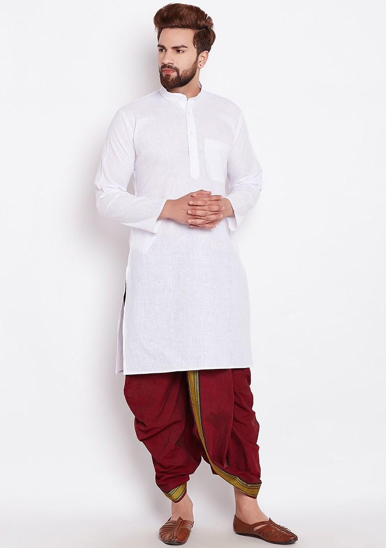 White Solid Poly Blend Kurta Set For Men