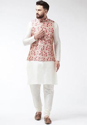 Off White Solid Poly Blend Kurta Set For Men