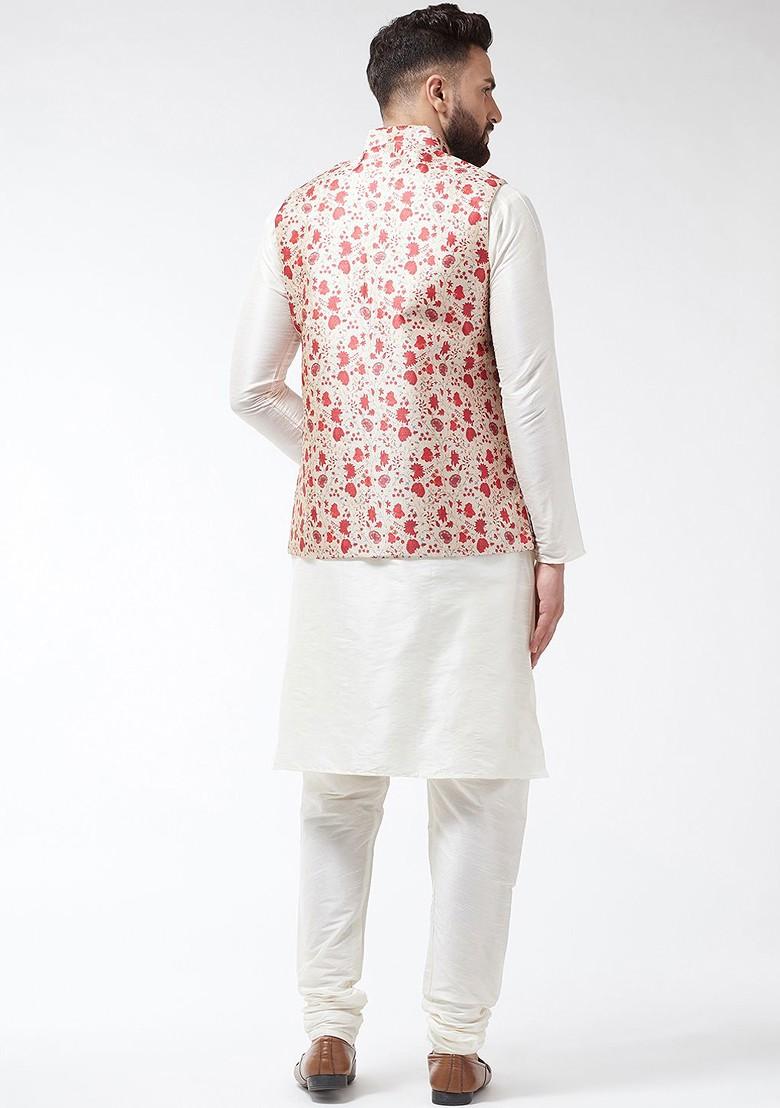 Off White Solid Poly Blend Kurta Set For Men