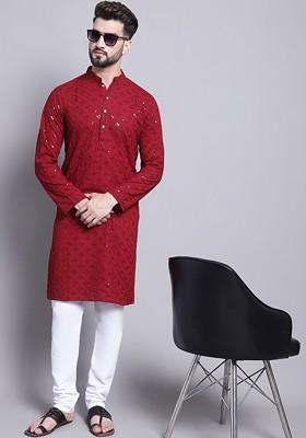 Maroon Embroidered Cotton Kurta Set For Men