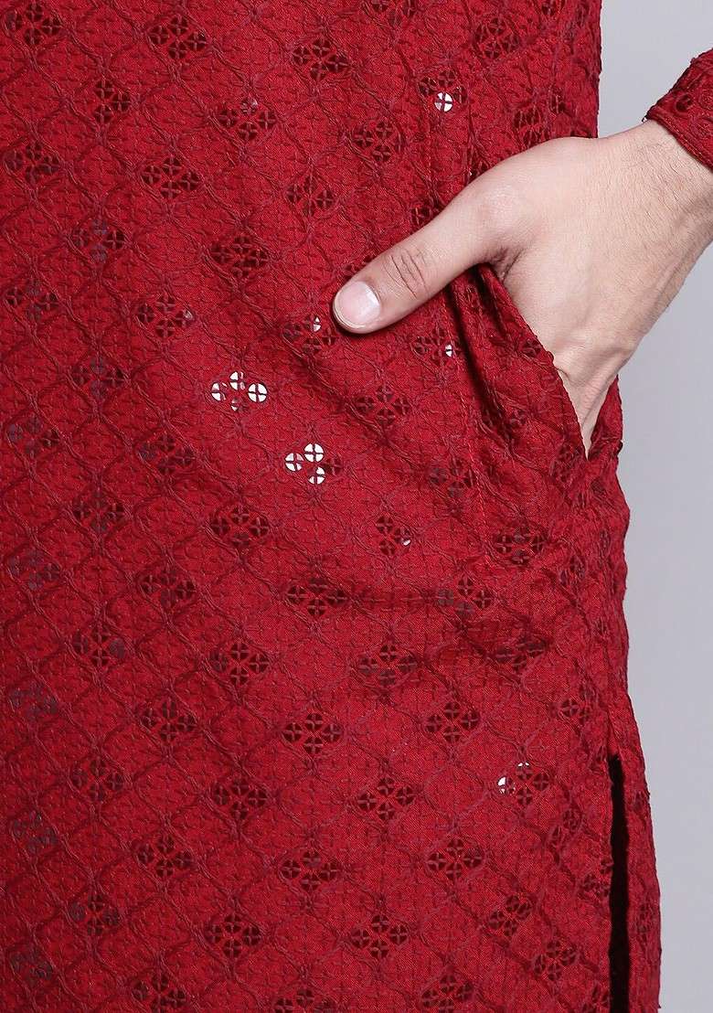 Maroon Embroidered Cotton Kurta Set For Men - Indya