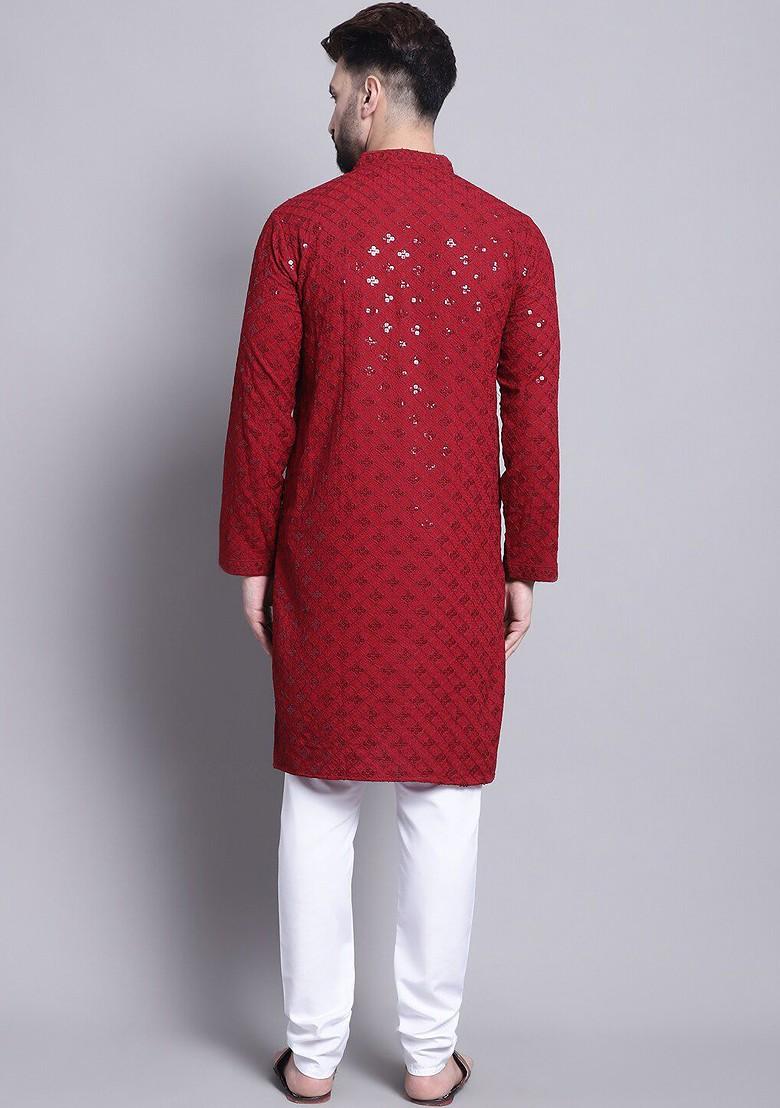 Maroon Embroidered Cotton Kurta Set For Men