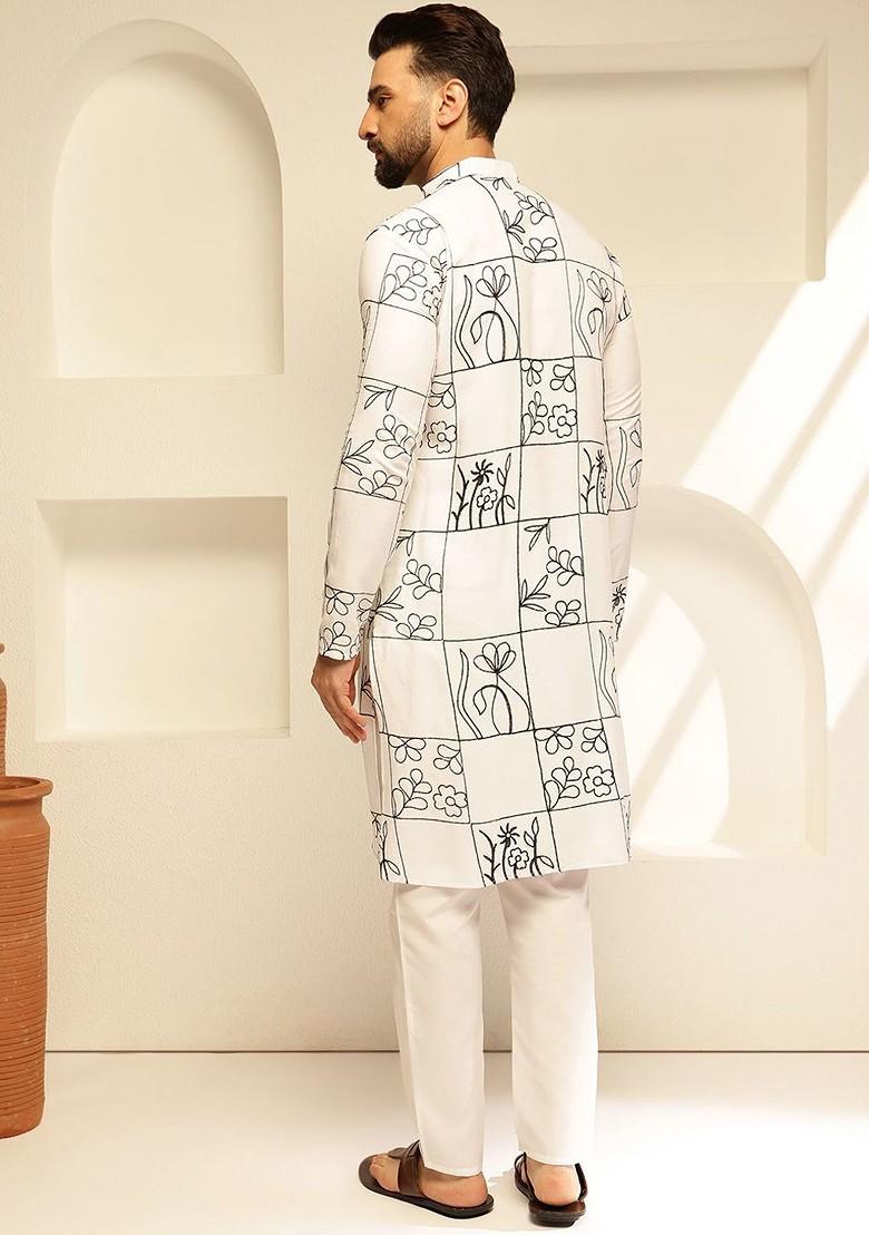 White Thread Work Poly Blend Kurta Set For Men