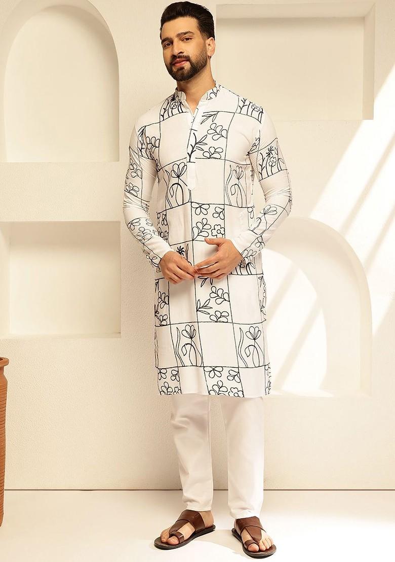 White Thread Work Poly Blend Kurta Set For Men