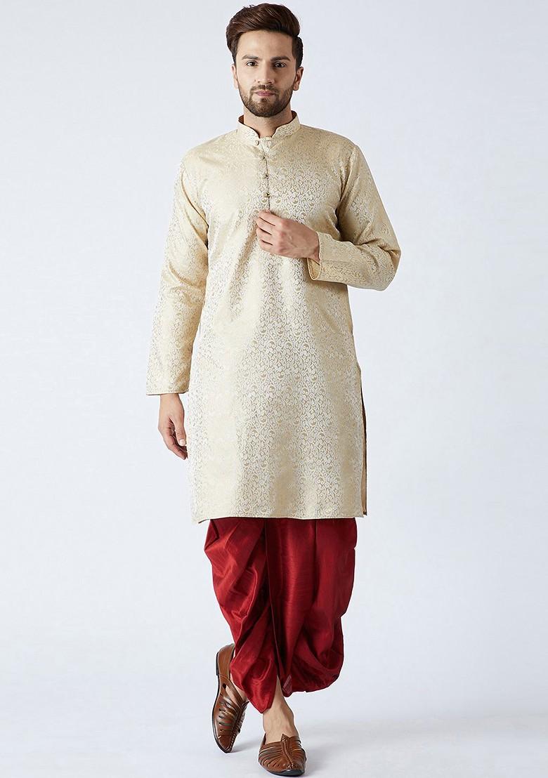 Gold Solid Poly Blend Kurta Set For Men