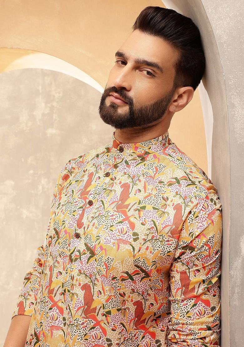 Yellow Ethnic Motifs Poly Blend Kurta Set For Men