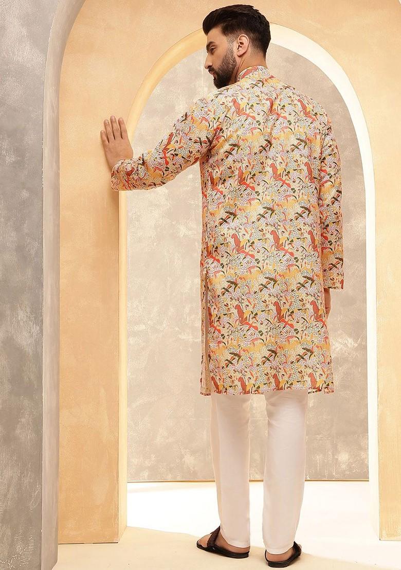 Yellow Ethnic Motifs Poly Blend Kurta Set For Men