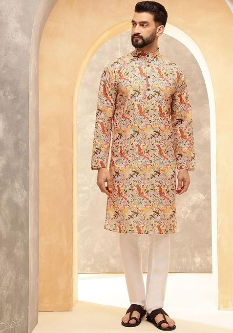 Yellow Ethnic Motifs Poly Blend Kurta Set For Men